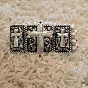 Cross Stretch Bracelet Silver Beads & Rhinestones